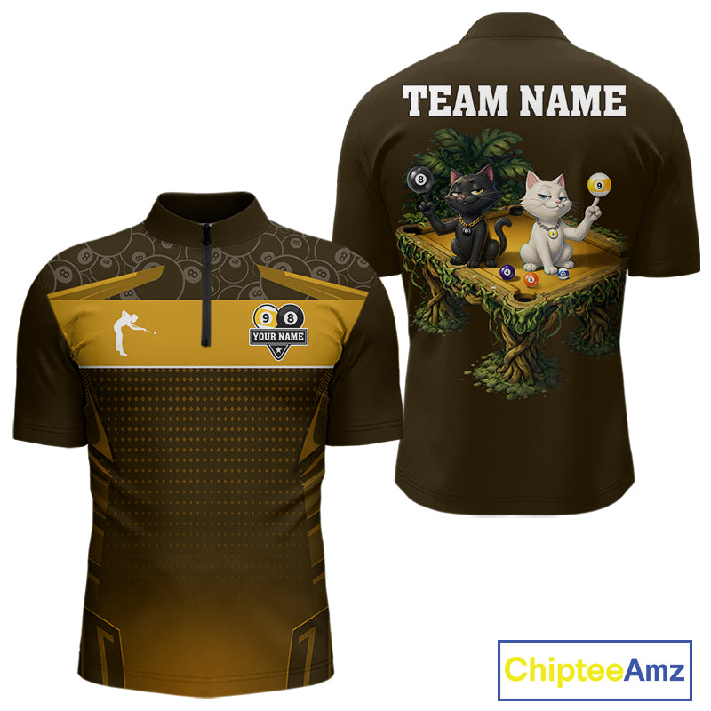 Yellow Funny Cat 8 Ball & 9 Ball Billiard Shirt For Men Custom Pool Team Jersey Polo & 1/4 Zip TDM7241