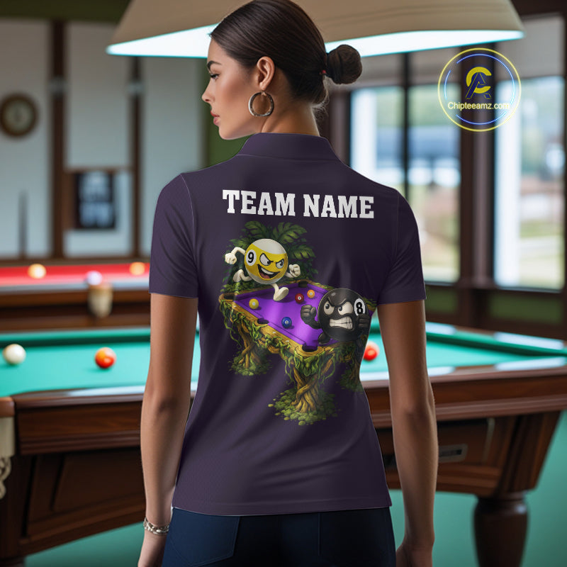 Purple Funny Tropical 8 Ball & 9 Ball Billiard Shirt For Women Custom Pool Team Jersey Polo, 1/4 Zip TDM7243