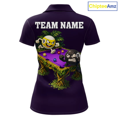 Purple Funny Tropical 8 Ball & 9 Ball Billiard Shirt For Women Custom Pool Team Jersey Polo, 1/4 Zip TDM7243