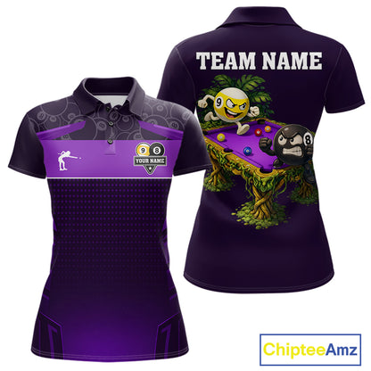 Purple Funny Tropical 8 Ball & 9 Ball Billiard Shirt For Women Custom Pool Team Jersey Polo, 1/4 Zip TDM7243
