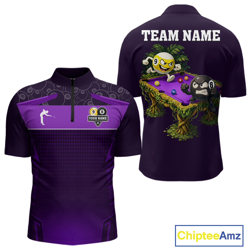 Purple Funny Tropical 8 Ball & 9 Ball Billiard Shirt For Men Custom Pool Team Jersey Polo, 1/4 Zip TDM7243