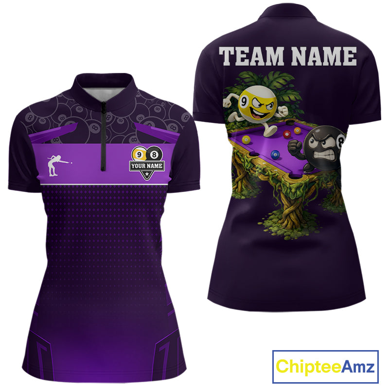 Purple Funny Tropical 8 Ball & 9 Ball Billiard Shirt For Women Custom Pool Team Jersey Polo, 1/4 Zip TDM7243