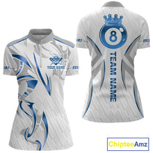 Load image into Gallery viewer, White And Blue Crown 8 Ball Women's Billiards Shirts Custom Billiard Jersey Team Polo &amp; 1/4 Zip TDM5213