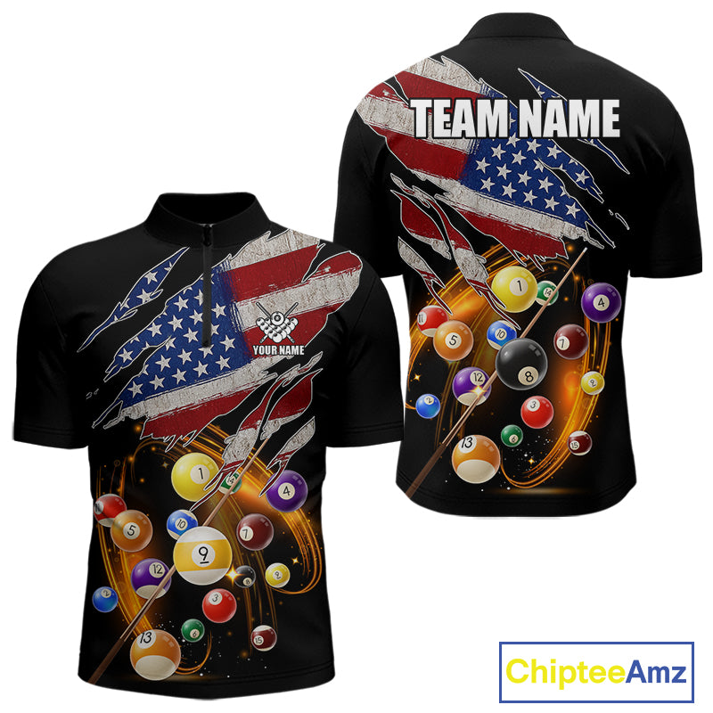 American Flag Pool Balls Billiard Shirt For Men Custom Patriotic Billiard Jersey Polo & 1/4 Zip TDM5730