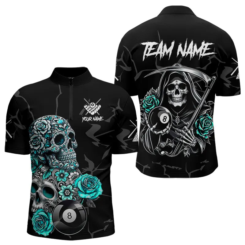 Personalized Funny Turquoise Skull Roses 8 Ball Billiard Shirts For Men Custom Pool Team Shirts TDM3728