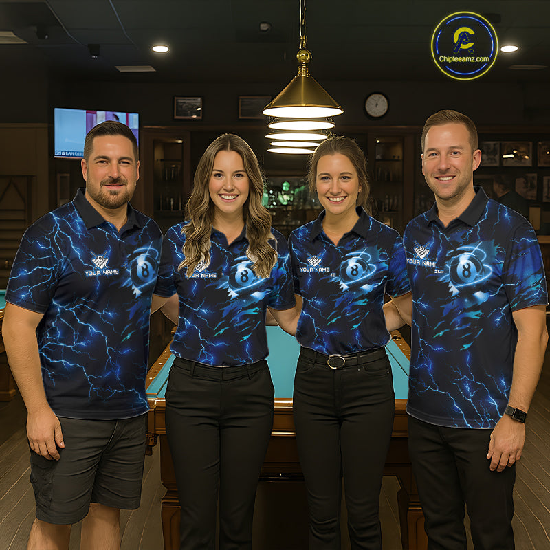 Blue 8 Ball Pool Lighting Billiard Shirt For Men Custom Glowing Billiard Team Jersey Polo, 1/4 Zip TDM6332
