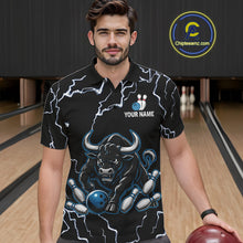 Load image into Gallery viewer, Man wearing a blue bull lightning bowling polo shirt at a bowling alley front view.
