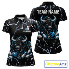 Load image into Gallery viewer, Blue bull lightning bowling polo shirt for women with custom bowling league graphics.