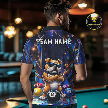 Man wearing personalized funny crystal bulldog 8 ball pool billiard team jersey polo shirt featuring crystal bulldog and 8 ball artwork, back view.
