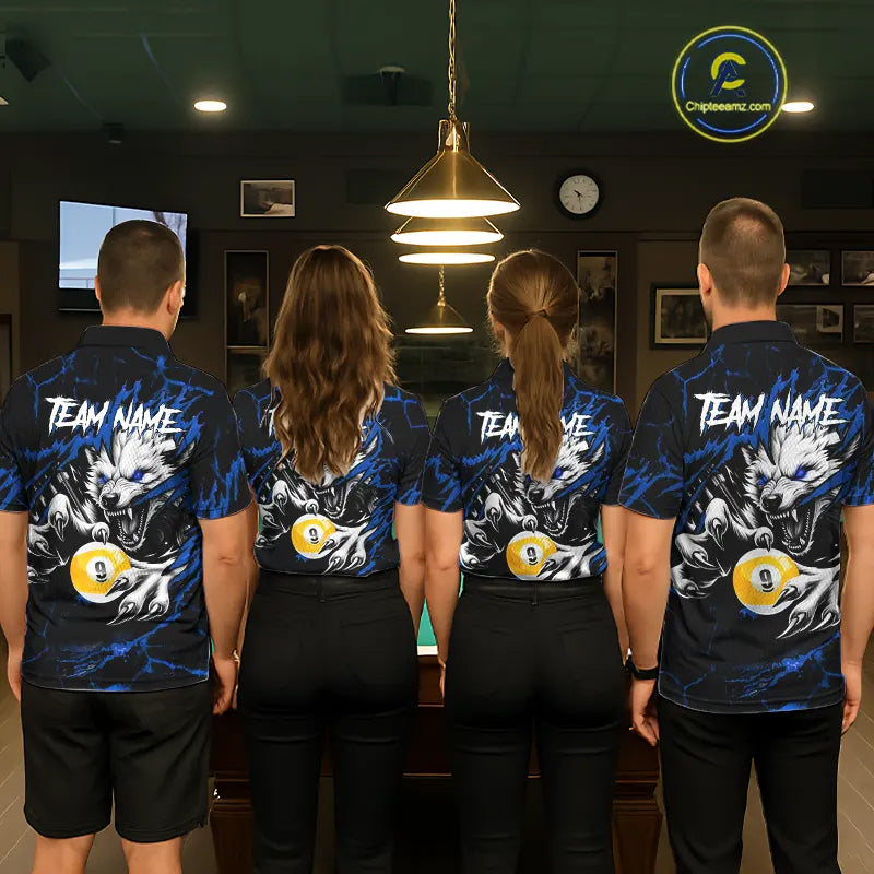 Personalized 9 Ball Pool Wolf Billiard Shirts For Men, Billiard Team Jersey Polo & 1/4 Zip |Blue TDM5468