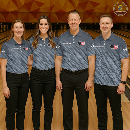 Personalized US Flag Grey Bowling Shirt For Men, Patriotic Bowling Team Jersey Polo & 1/4 Zip TDM6087