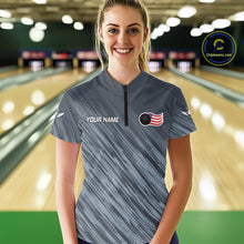 Load image into Gallery viewer, Personalized US Flag Grey Bowling Shirt For Women, Patriotic Bowling Team Jersey Polo &amp; 1/4 Zip TDM6087