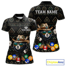 Load image into Gallery viewer, 8 ball tribal pattern billiard polo shirt for women with custom pool team graphics.