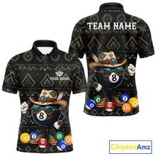 Load image into Gallery viewer, 8 ball tribal pattern billiard polo shirt for men with custom pool team graphics.