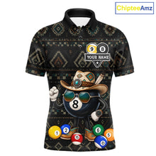 Load image into Gallery viewer, 8 ball and 9 ball tribal pattern billiard polo shirt for men with custom pool team graphics.