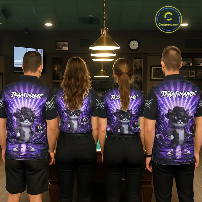 Funny Cat 8 Ball Billiard Shirt For Men Custom Purple Neon Graffiti Billiard Jersey Polo, 1/4 Zip TDM5743