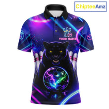 Load image into Gallery viewer, Neon Blue Purple Custom Panther Bowling Shirt For Men, Glowing Bowling Team Jersey Polo &amp; 1/4 Zip TDM6358
