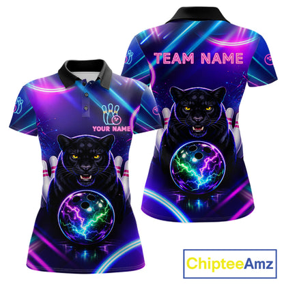 Neon Blue Purple Custom Panther Bowling Shirt For Women, Glowing Bowling Team Jersey Polo & 1/4 Zip TDM6358