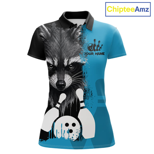 Black and blue raccoon bowling polo shirt for women with custom bowling team league graphics.