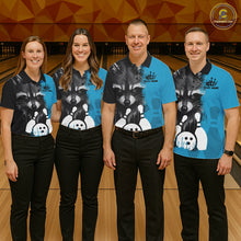 Load image into Gallery viewer, Bowling team wearing matching black and blue raccoon bowling jerseys during league matches front view.