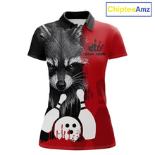 Load image into Gallery viewer, Black and red raccoon bowling polo shirt for women with custom bowling team league graphics.