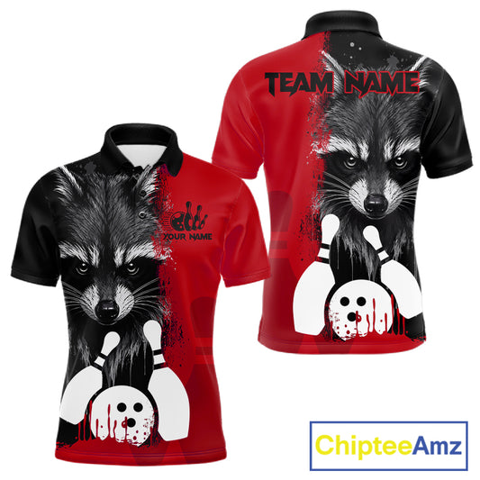 Black and red raccoon bowling polo shirt for men with custom bowling team league graphics.