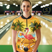 Load image into Gallery viewer, Woman wearing a funny flamingo sunset tropical bowling quarter zip jersey during league competition front view.