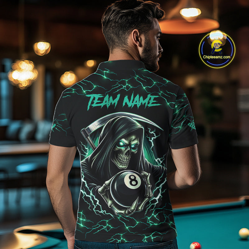 Turquoise Funny Grim Reaper 8 Ball Pool Men Billiard Shirts Custom Lightning Billiard Jerseys TDM2040