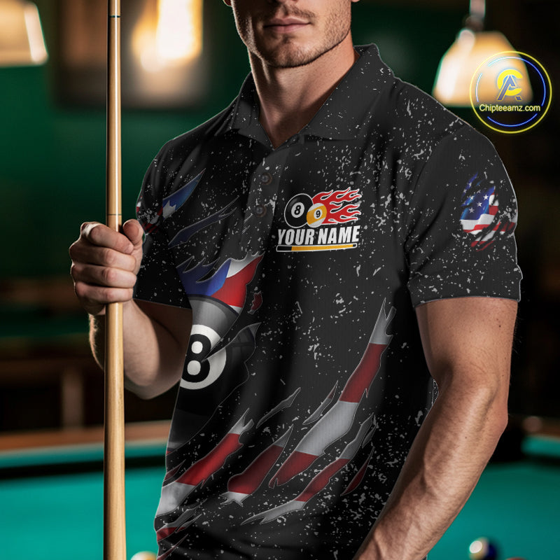 Man wearing black grunge American flag 8 ball and 9 ball billiard team jersey polo shirt, front view.