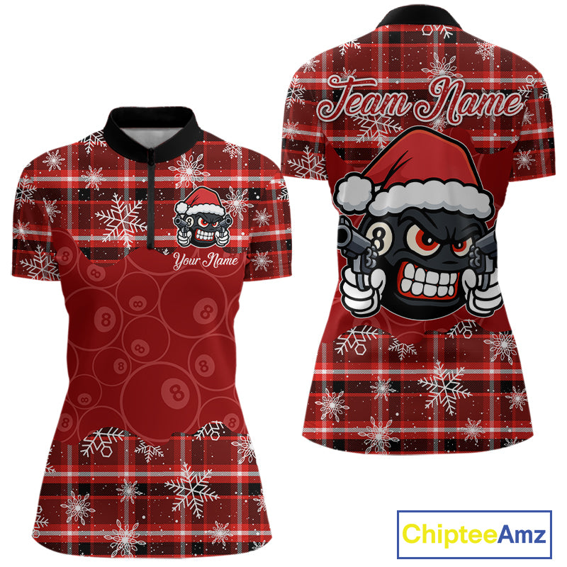 Funny Santa 8 Ball Pool Women's Billiard Shirt Custom Red Plaid Snowflake Christmas Billiard Jersey TDM5223