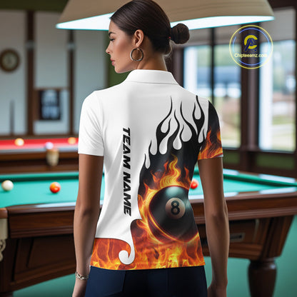 Personalized Orange 8 Ball Fire Flame Women's Billiard Shirt Custom Pool Team Jersey Polo & 1/4 Zip TDM5229