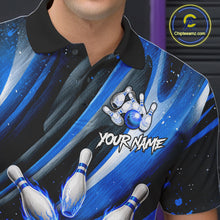Load image into Gallery viewer, Custom Blue Flaming Silver Bowling Jersey For Men, Bowling League Team Shirts Polo &amp; Quarter Zip TDM6549