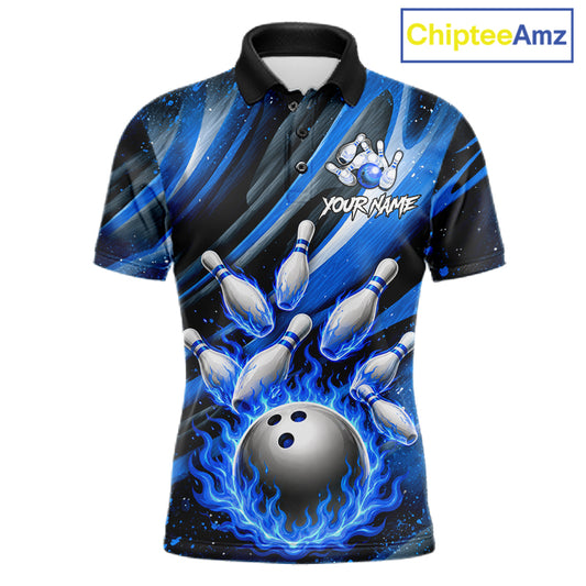 Custom Blue Flaming Silver Bowling Jersey For Men, Bowling League Team Shirts Polo & Quarter Zip TDM6549