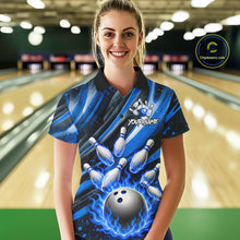 Load image into Gallery viewer, Custom Blue Flaming Silver Bowling Jersey For Women, Bowling League Team Shirts Polo &amp; Quarter Zip TDM6549