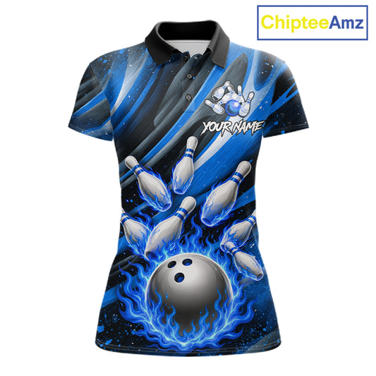 Custom Blue Flaming Silver Bowling Jersey For Women, Bowling League Team Shirts Polo & Quarter Zip TDM6549