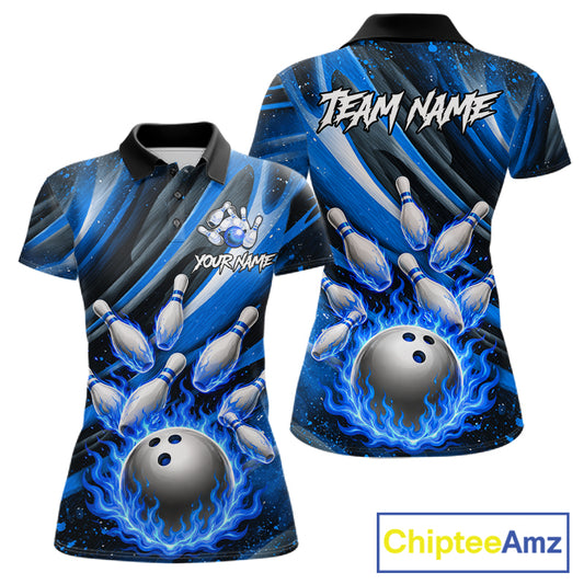 Custom Blue Flaming Silver Bowling Jersey For Women, Bowling League Team Shirts Polo & Quarter Zip TDM6549