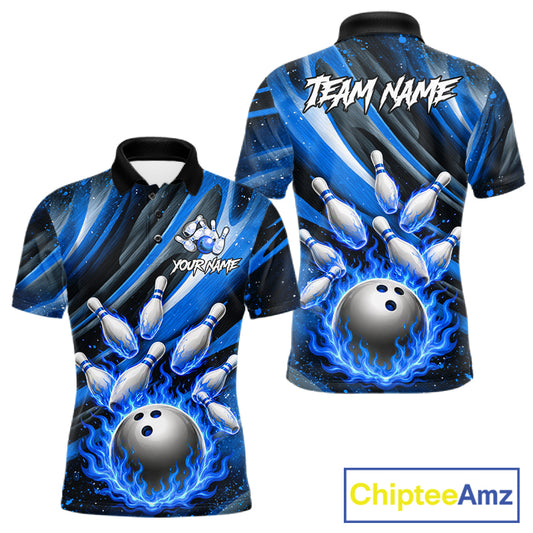Custom Blue Flaming Silver Bowling Jersey For Men, Bowling League Team Shirts Polo & Quarter Zip TDM6549