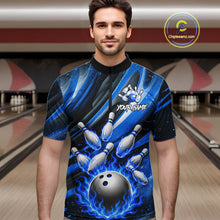 Load image into Gallery viewer, Custom Blue Flaming Silver Bowling Jersey For Men, Bowling League Team Shirts Polo &amp; Quarter Zip TDM6549