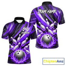 Load image into Gallery viewer, Custom Purple Flaming Silver Bowling Jersey For Men, Bowling League Team Shirts Polo &amp; Quarter Zip TDM6550