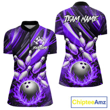 Load image into Gallery viewer, Custom Purple Flaming Silver Bowling Jersey For Women, Bowling League Team Shirts Polo &amp; Quarter Zip TDM6550