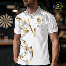 Load image into Gallery viewer, Man wearing a white and gold dartboard crown darts jersey front view.