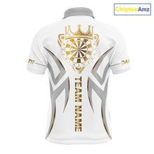Load image into Gallery viewer, White and gold dartboard crown darts polo shirt for men with custom darts team graphics.
