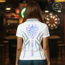 Load image into Gallery viewer, Back view of woman wearing a white and holographic dartboard crown darts shirt.