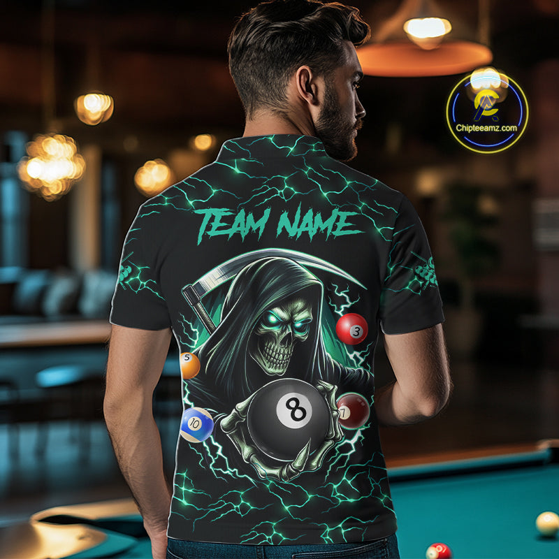 Turquoise Funny Grim Reaper 8 Ball Pool Men Billiard Shirt Custom Lightning Billiard Team Jerseys TDM5239