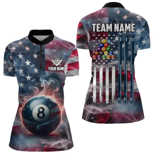 Personalized Smoke USA 8 Ball Pool Billiard Shirts For Women, Patriotic American Team Billiard Jersey TDM3602