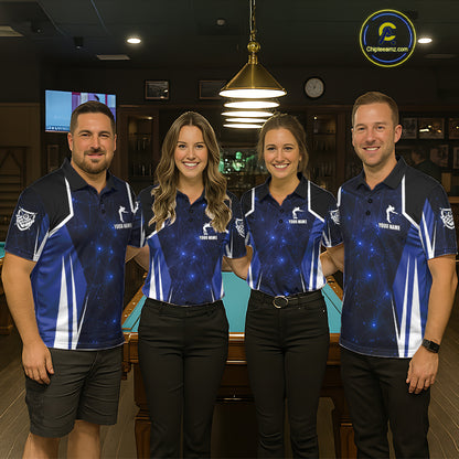 Custom 8 Ball Pool Billiard Shirt For Men, Blue Geometric Billiard Team Jersey Polo & 1/4 Zip TDM6130