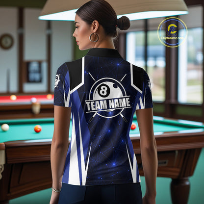 Custom 8 Ball Pool Billiard Shirt For Women, Blue Geometric Billiard Team Jersey Polo & 1/4 Zip TDM6130