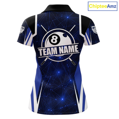 Custom 8 Ball Pool Billiard Shirt For Women, Blue Geometric Billiard Team Jersey Polo & 1/4 Zip TDM6130
