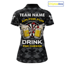Load image into Gallery viewer, Darts and beer aim for fun drink for cheers darts polo shirt for women with custom darts team graphics.