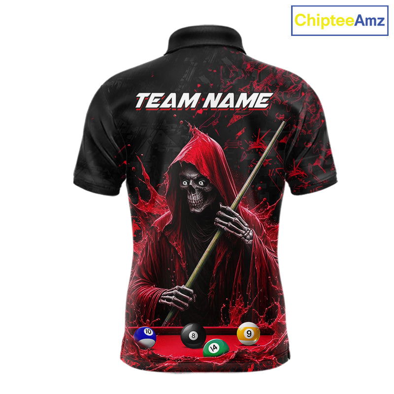Custom Red Grim Reaper 8 Ball 9 Ball Pool Polo Shirt Designed for Personalized Billiard League Team Jerseys and Tournament Play